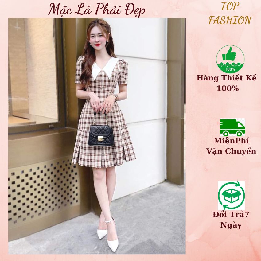 Đầm thiết kế công sở hiện đại, Váy kẻ cổ sơ mi xinh xắn phù hợp dự tiệc, công sở, dạo phố
