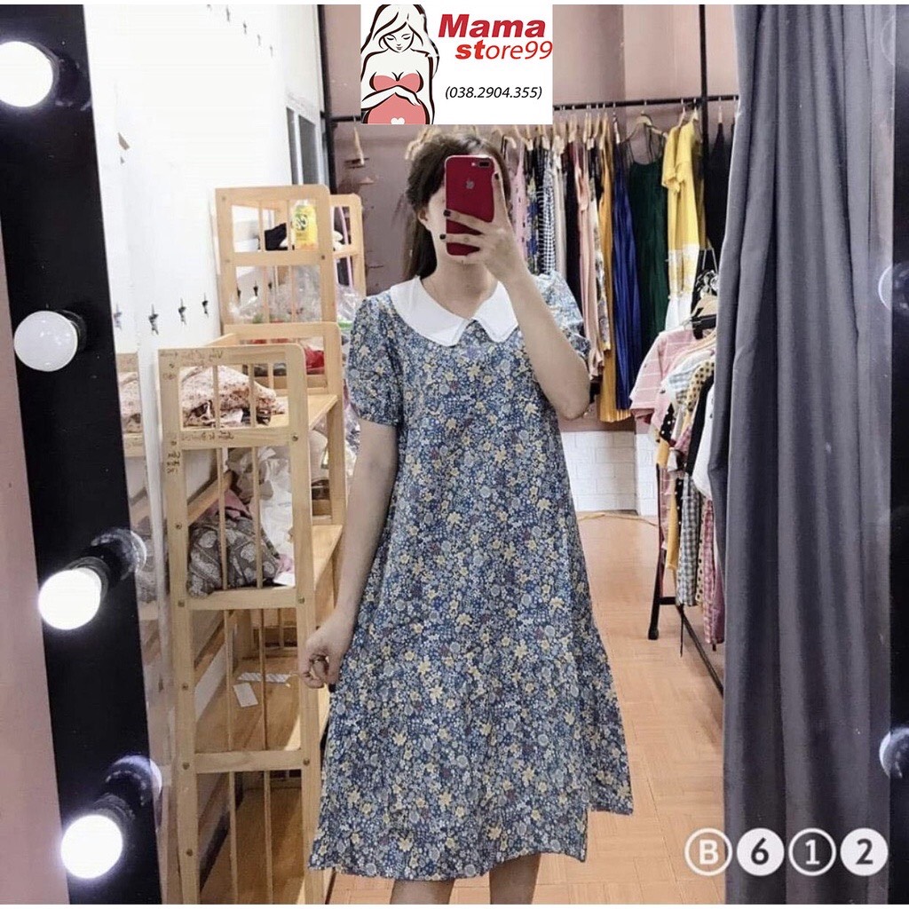 Đầm bầu hoa nhí dáng xòe cổ sen