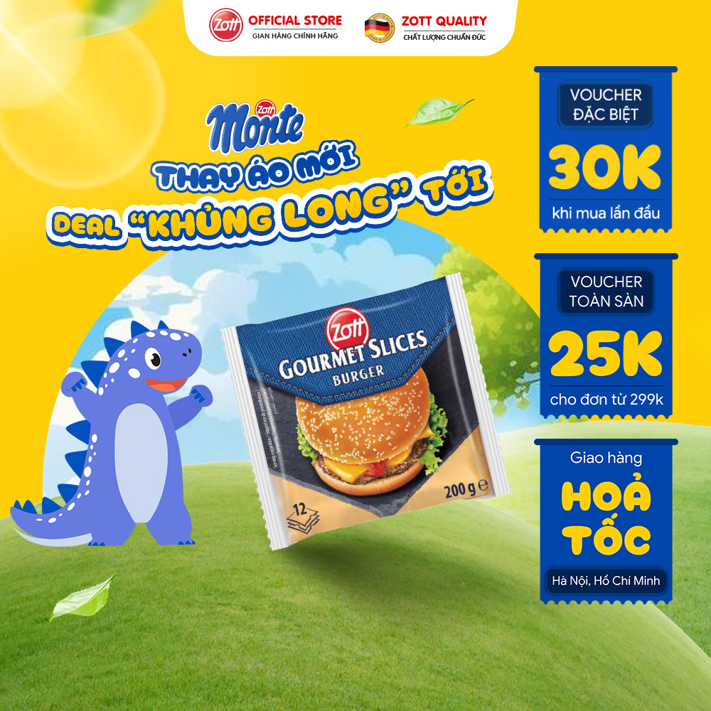 Giao Hoả tốc - Phô mai lát Zott Gourmet Slices BURGER nhập khẩu từ Đức (gói 200g – 12 lát), làm từ Sữa tươi giàu Canxi, Chất đạm