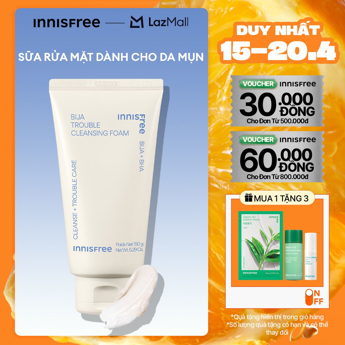 Sữa rửa mặt dành cho da mụn INNISFREE Bija Trouble Cleansing Foam 150g