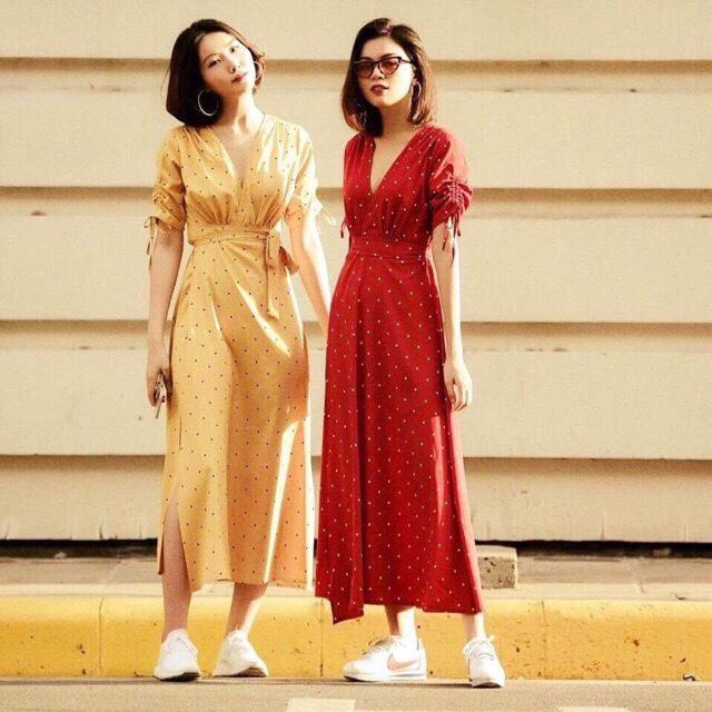 Đầm maxi chấm bi xẻ đùi vải lụa co giãn các màu - 086 - MultiColor Maxi Dress