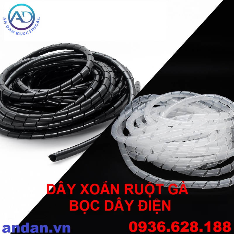 Dây xoắn ruột gà bọc dây điện phi 6, 8, 10, 12, 16, 20, 25, dây xoắn nhựa, ruột gà đen - trắng