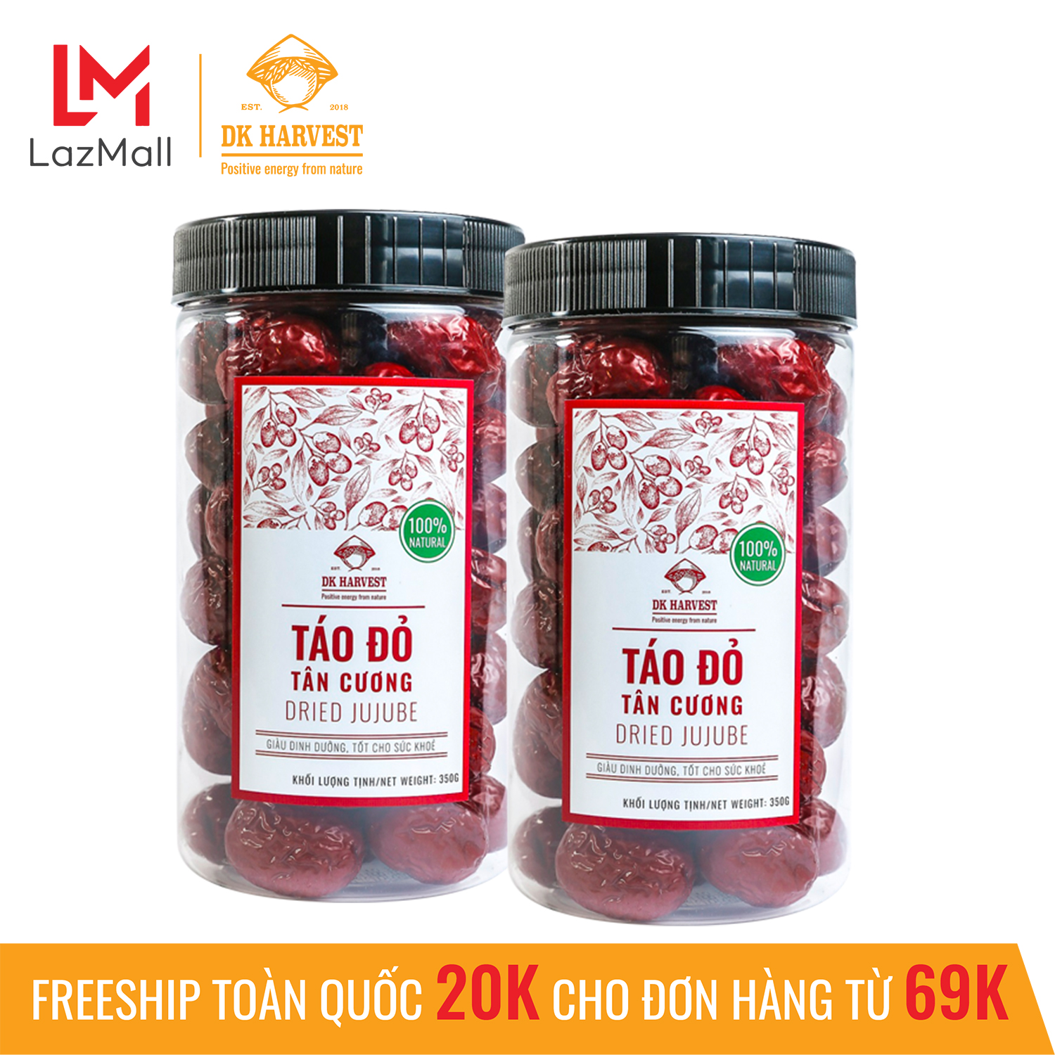 Combo 2 Hũ Táo Đỏ Tân Cương Dried Jujube DK Harvest hàng 350g/1 hũ táo đỏ tân cương táo đỏ sấy khô táo đỏ khô trái cây sấy