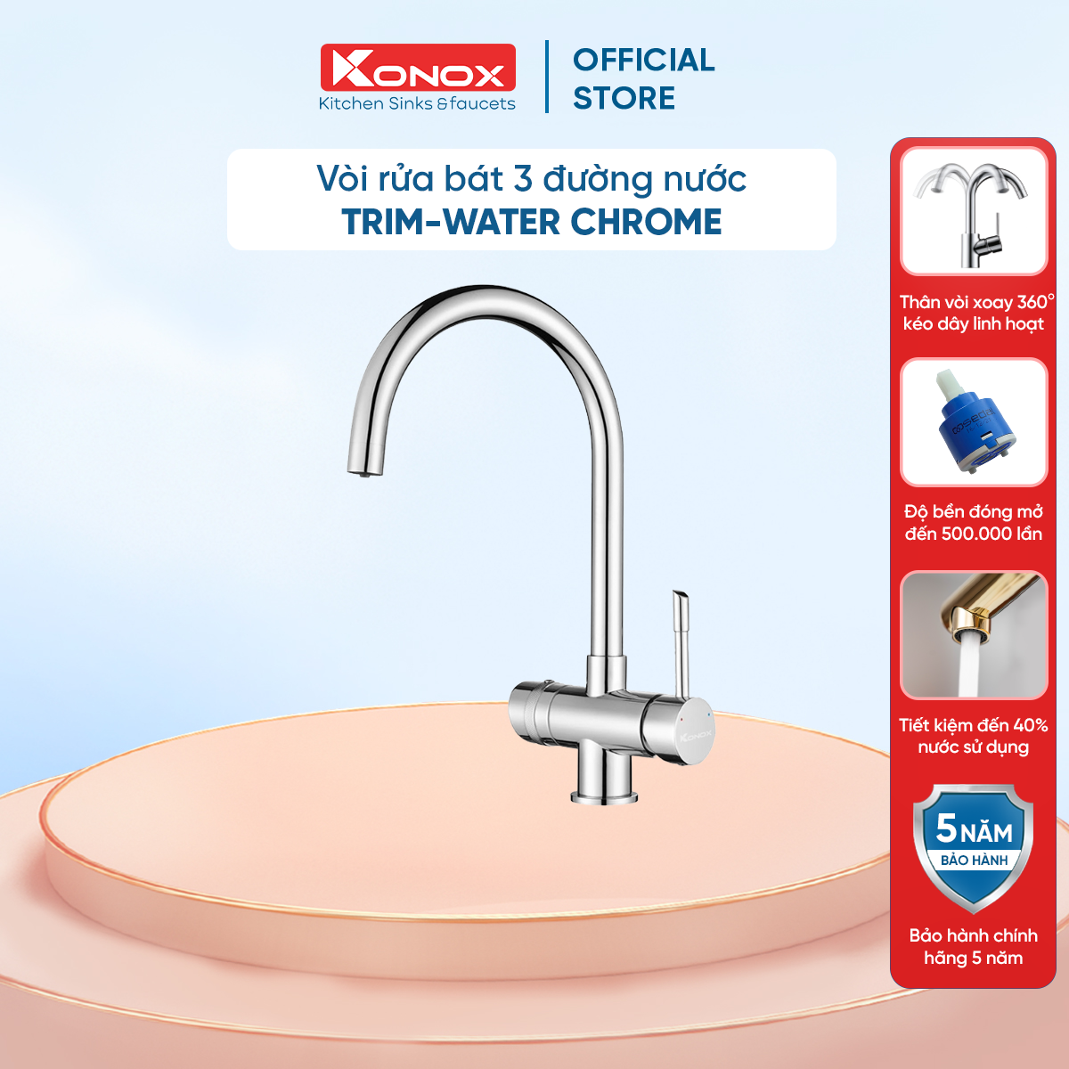 Vòi rửa bát 3 đường nước Konox Trim Water Chrome