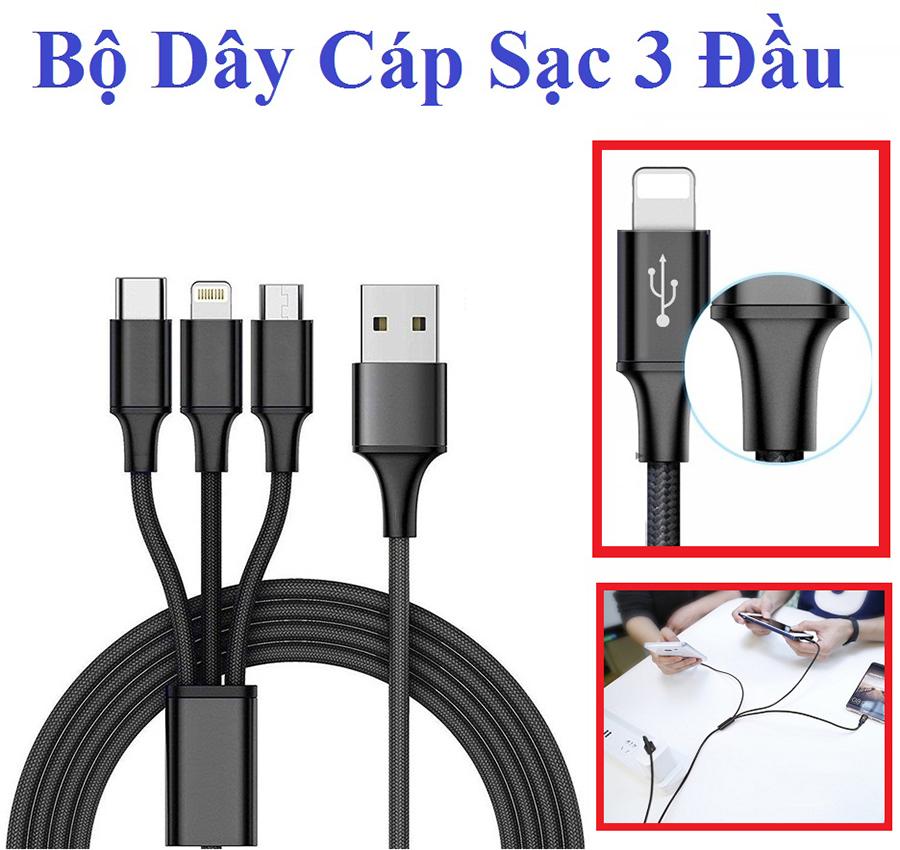 Bộ dây cáp sạc nhanh 3 đầu thông minh Cáp xịn sạc điện thoại 3 đầu Lightning / Type C / Micro USB  bạn không còn phải mang theo 3 bộ sạc để sạc cho 3 thiết bị, giải phóng không gian cho giỏ đồ của bạn.
