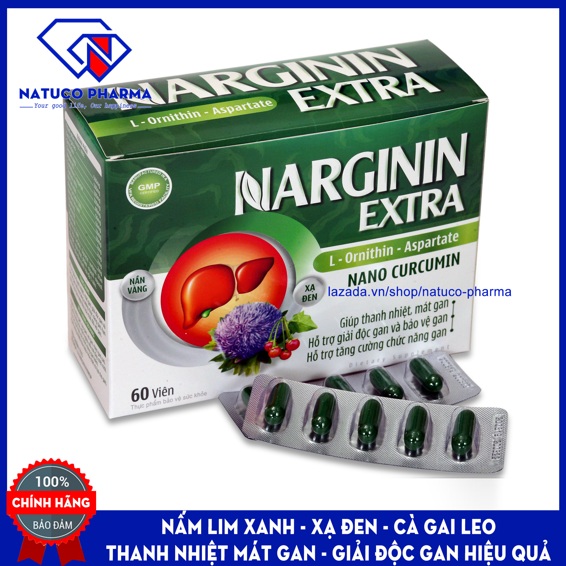 Viên uống thanh nhiệt giải độc gan hiệu quả từ Nấm Lim Xanh, Cà gai leo, Xạ đen - NARGININ EXTRA- Hộp 60 viên chuẩn GMP Bộ y tế