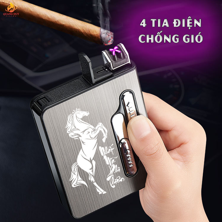 Hộp đựng thuốc lá Kiêm bật lửa sạc điện sạc pin 4 tia plasma cao cấp chứa 12 điếu