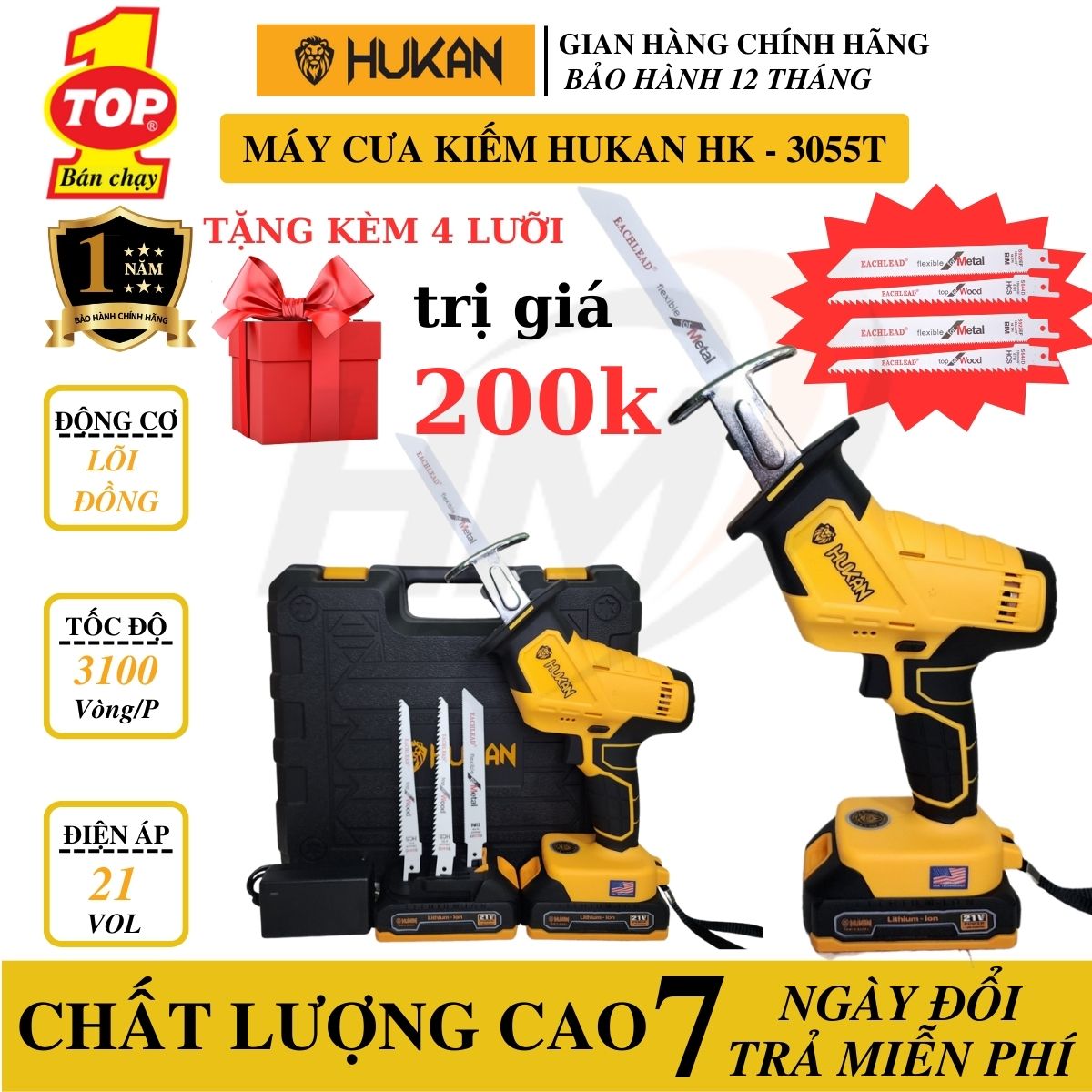 Máy cưa kiếm hukan 3055t sử dụng chân pin phổ thông 4cm tặng lưỡi cưa