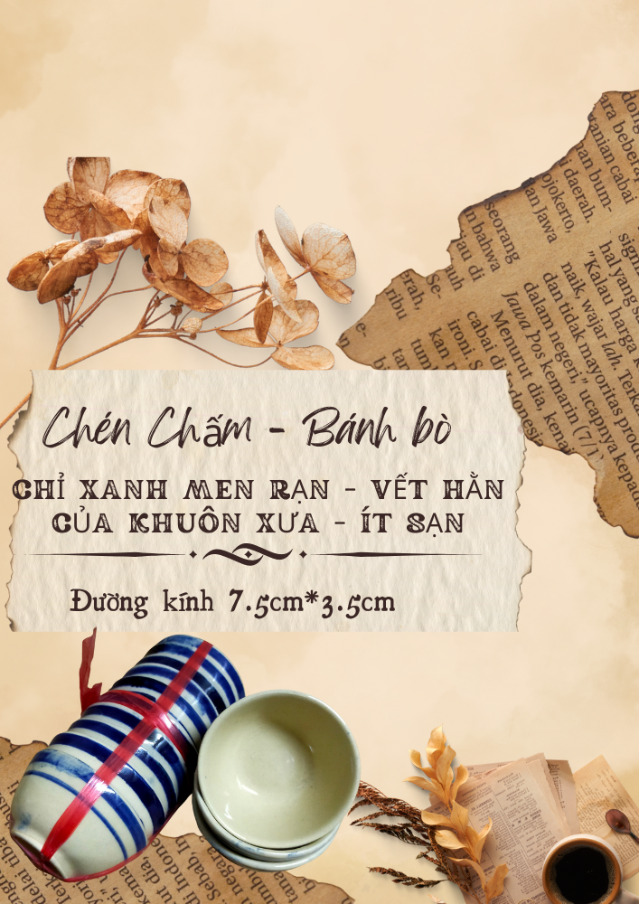 Bộ 10c chén chấm nhỏ-bánh bò chỉ xanh hàng thô