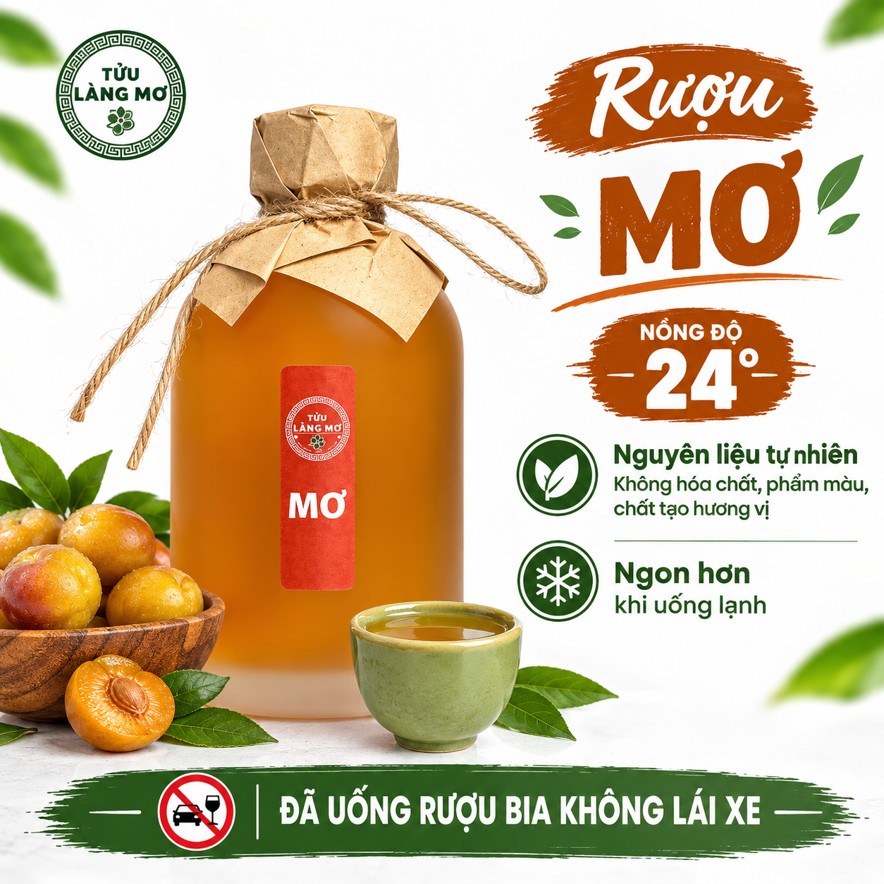 [Rượu Mơ Chai 500ML] Tửu Làng Mơ - Không Phẩm Màu - Không Hương Liệu - Nồng Độ 24%