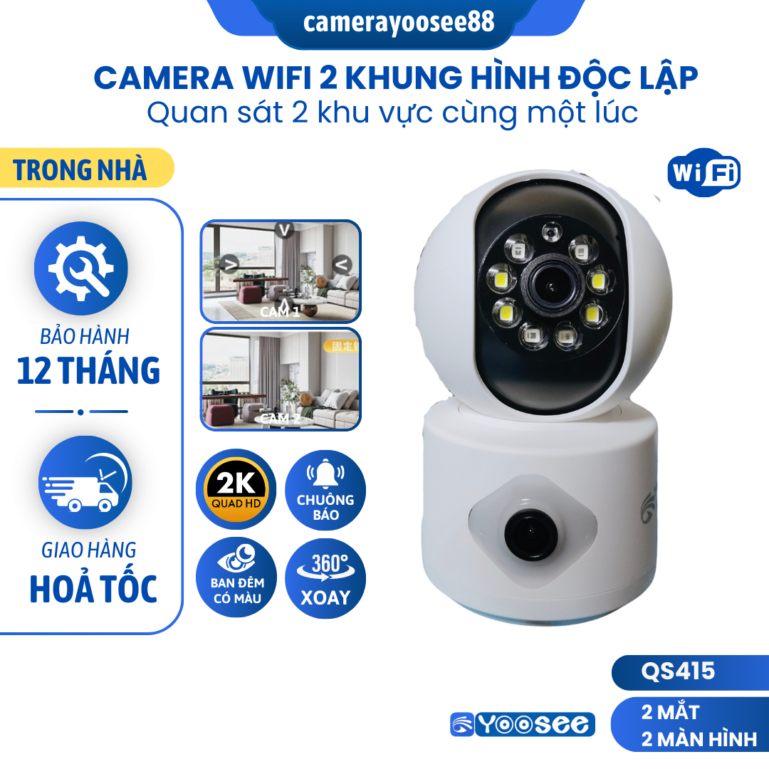 Camera WIFI YOOSEE Trong Nhà/Ngoài Trời, 2 Mắt 2 Màn Hình, Đàm Thoại 2 Chiều, Ban Đêm Có Màu, Xoay 360 Độ, Bắt Sóng Cực Mạnh - BẢO HÀNH 12 THÁNG