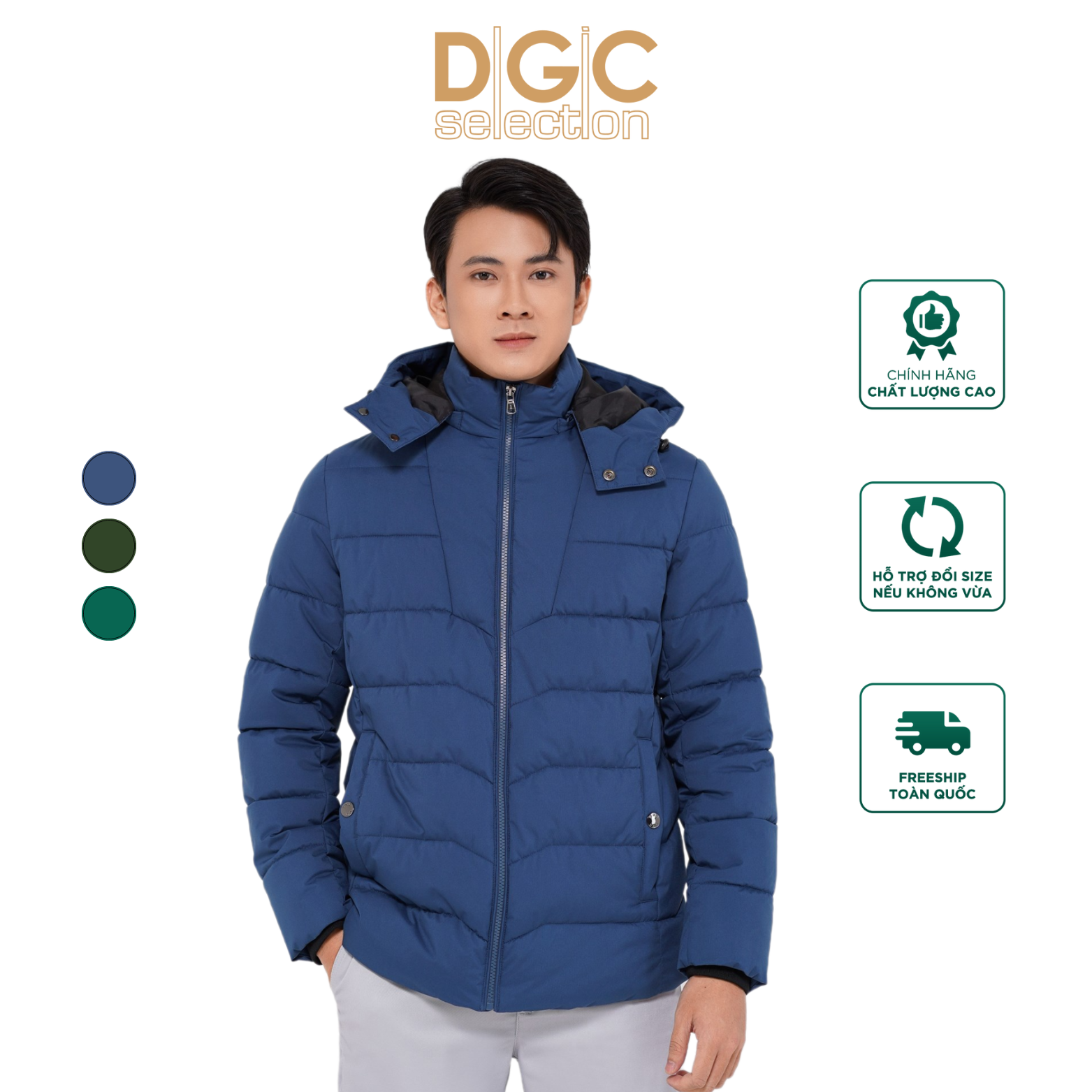  Áo Jacket nam 3 lớp chần bông DGCs - Áo phao 3 lớp chần bông ngang dáng ngắn phối lót trong túi chéo có cúc dập nổi cửa tay bo len mũ tháo rời -  WAJKBB06M 
