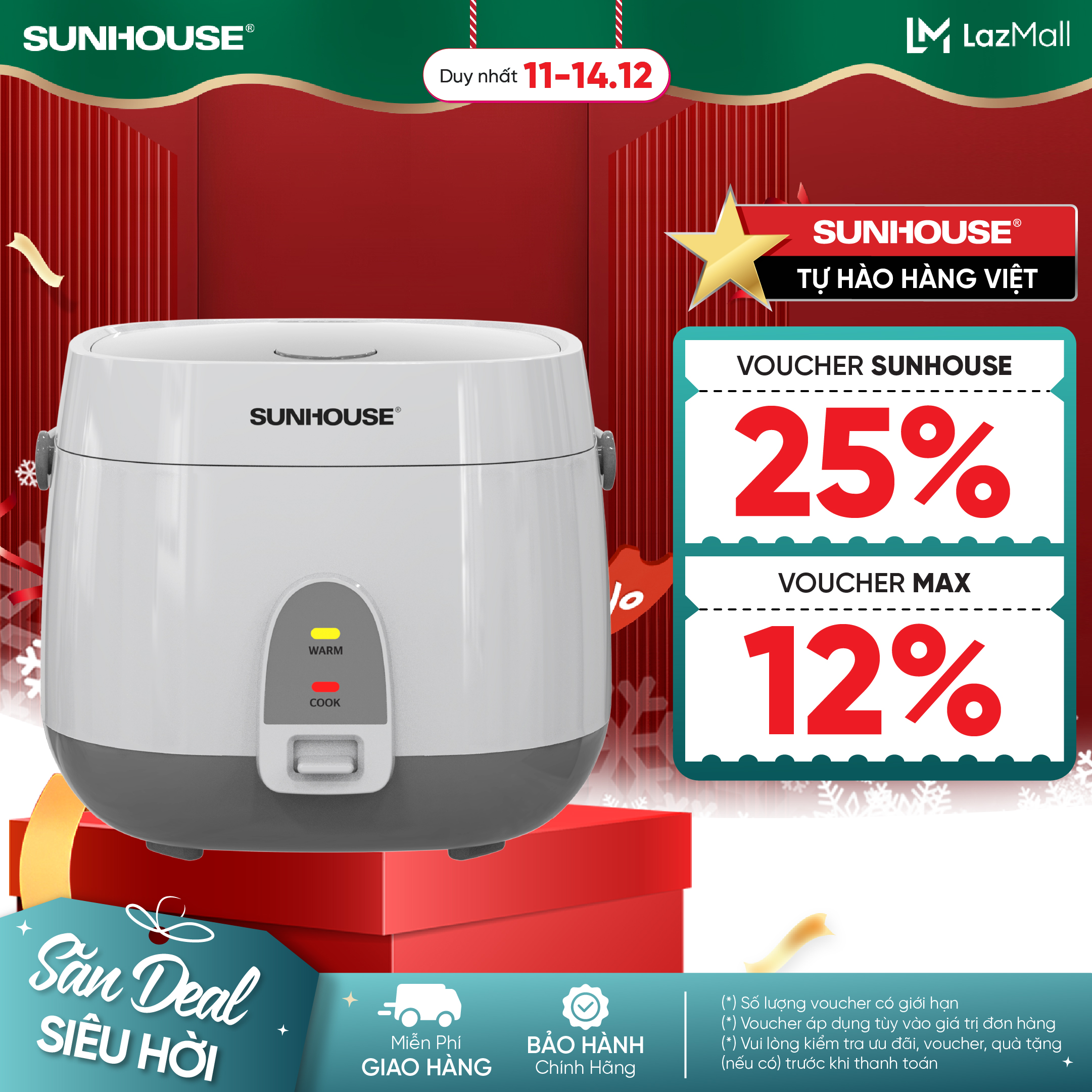   ƯU ĐÃI 2 TẦNG VOUCHER  Nồi cơm điện 1.8L Sunhouse SHD8611 - Chống dính 2 lớp - Làm nóng nhanh Tiết kiệm điện - Bảo hành 12 tháng 