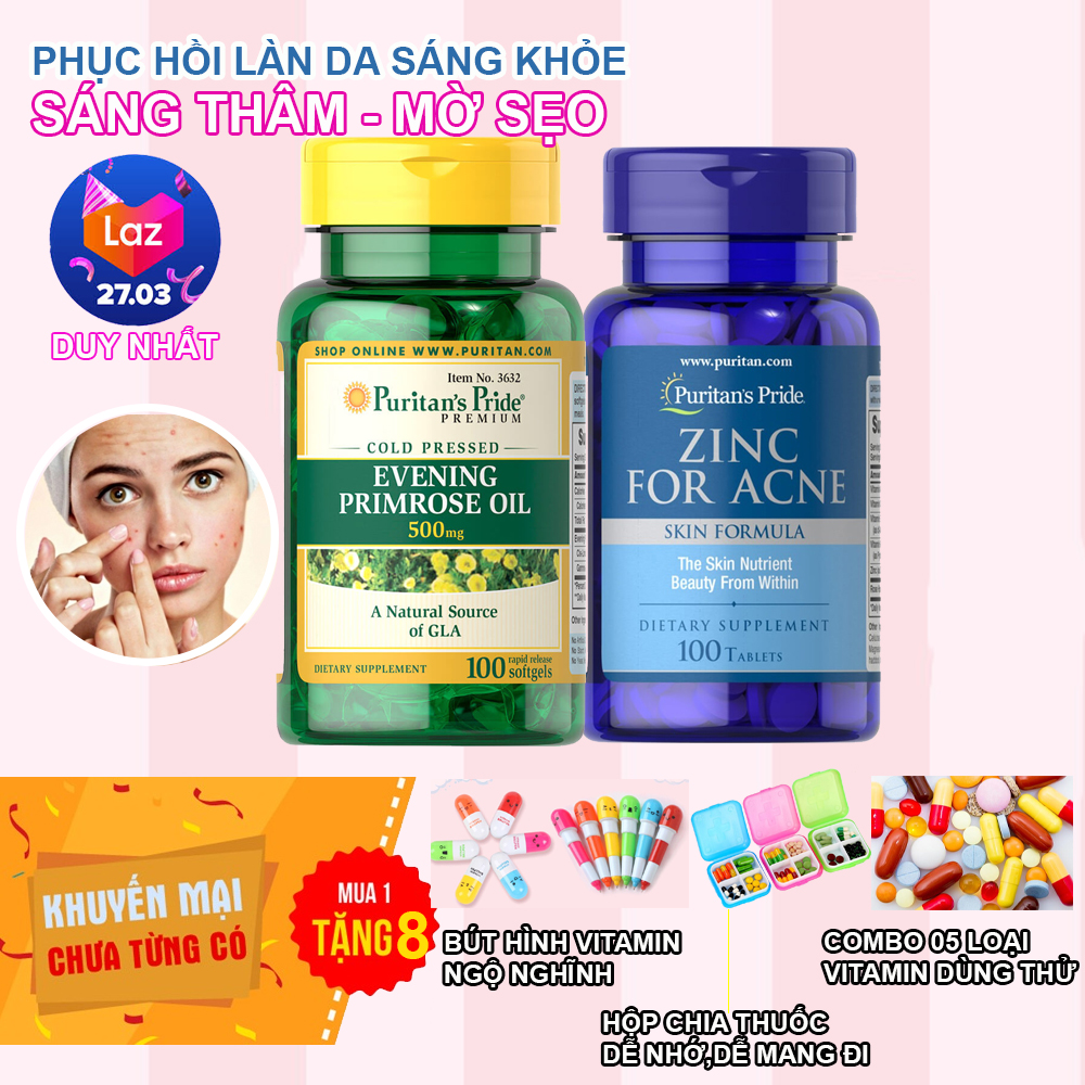 Combo Viên uống sạch mụn, mờ thâm mụn thâm sẹo, cấp ẩm trắng da Zinc For Acne Tinh dầu hoa ảnh thảo Evening Primrose Puritan's Pride