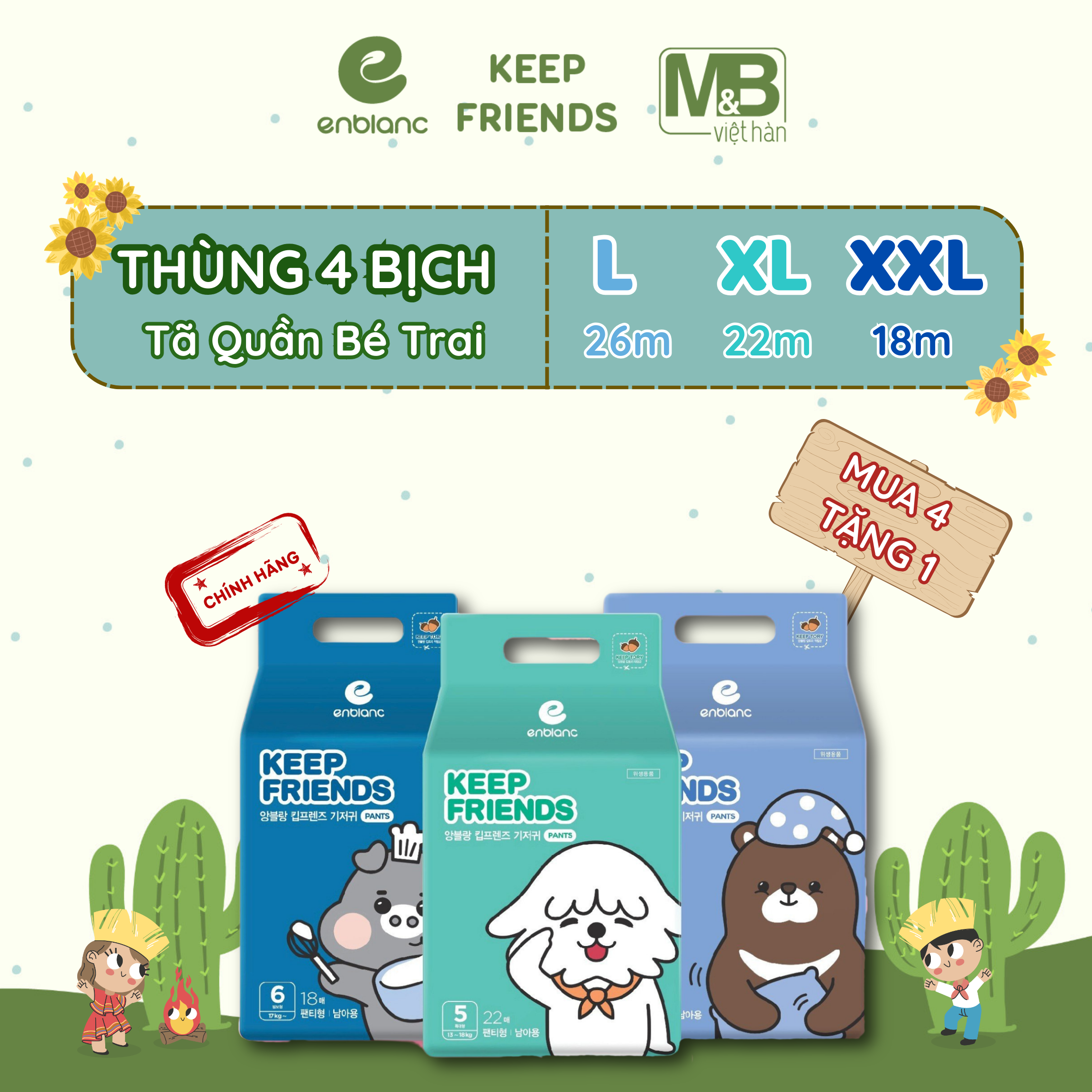 Thùng 4 bịch tã bỉm quần enblanc keep friends hàn quốc cho bé trai size l26, xl22, xxl18 hàn quốc mềm mại, chống tràn, thấm hút nhanh