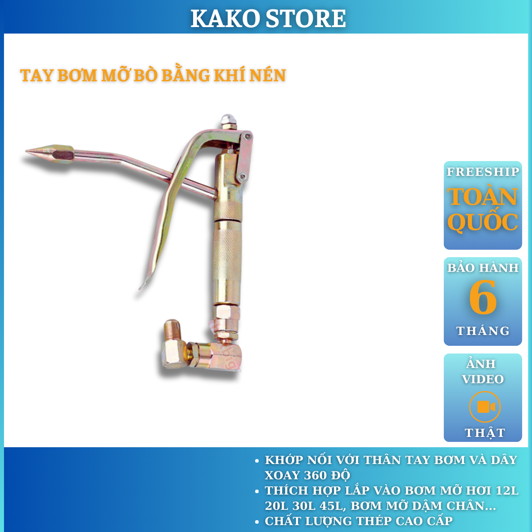 Tay súng bơm mỡ bò hơi khí nén KAKO, ứng dụng thay thế vào máy bơm mỡ hơi, bơm dậm chân, 7 ngày đổi mới, 6 tháng bảo hành