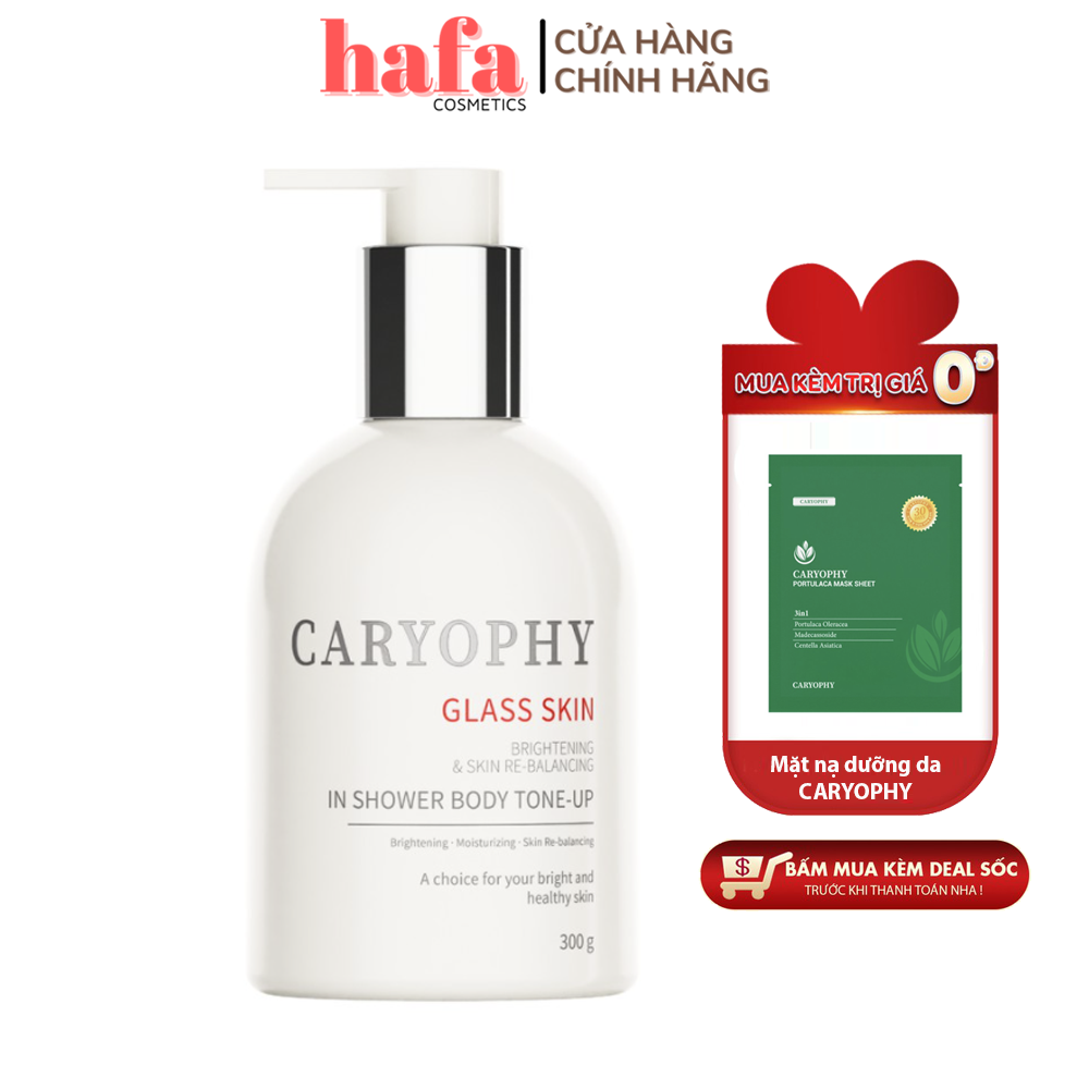 Kem dưỡng trắng da bật tone body 3 in 1 caryophy glass skin in shower body tone up 300g + tặng mặt nạ caryophy portulaca mask sheet 22g