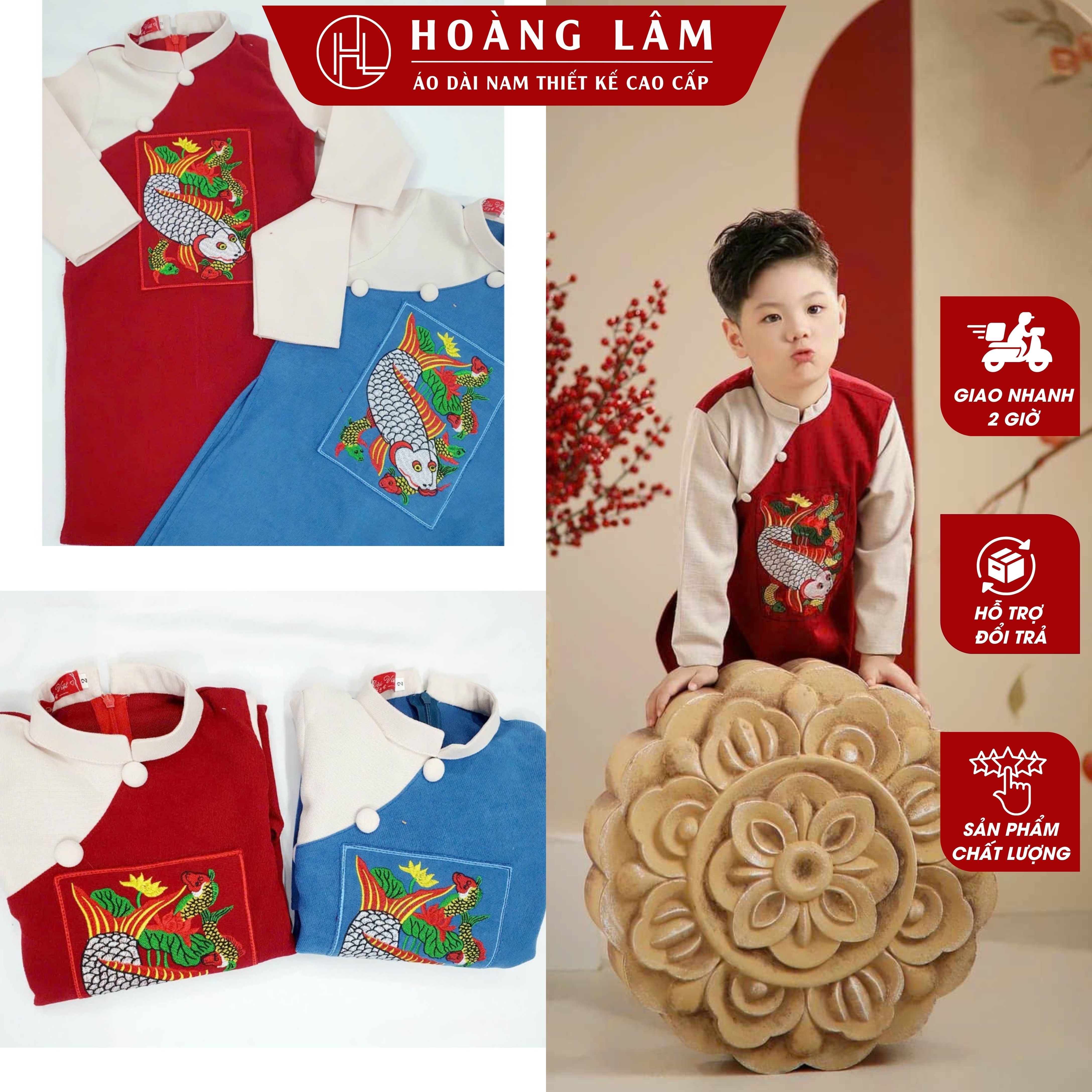 Áo dài bé trai cách tân chất nhung tăm mềm mịn thêu cá chép 2 màu xanh đỏ - Hoàng Lâm Store