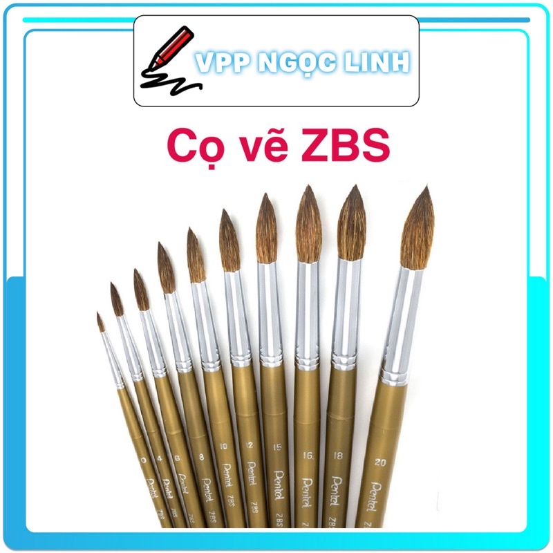 Cọ vẽ màu nước pentel đầu tròn, cọ vẽ acrylic pentel đủ size zbs1