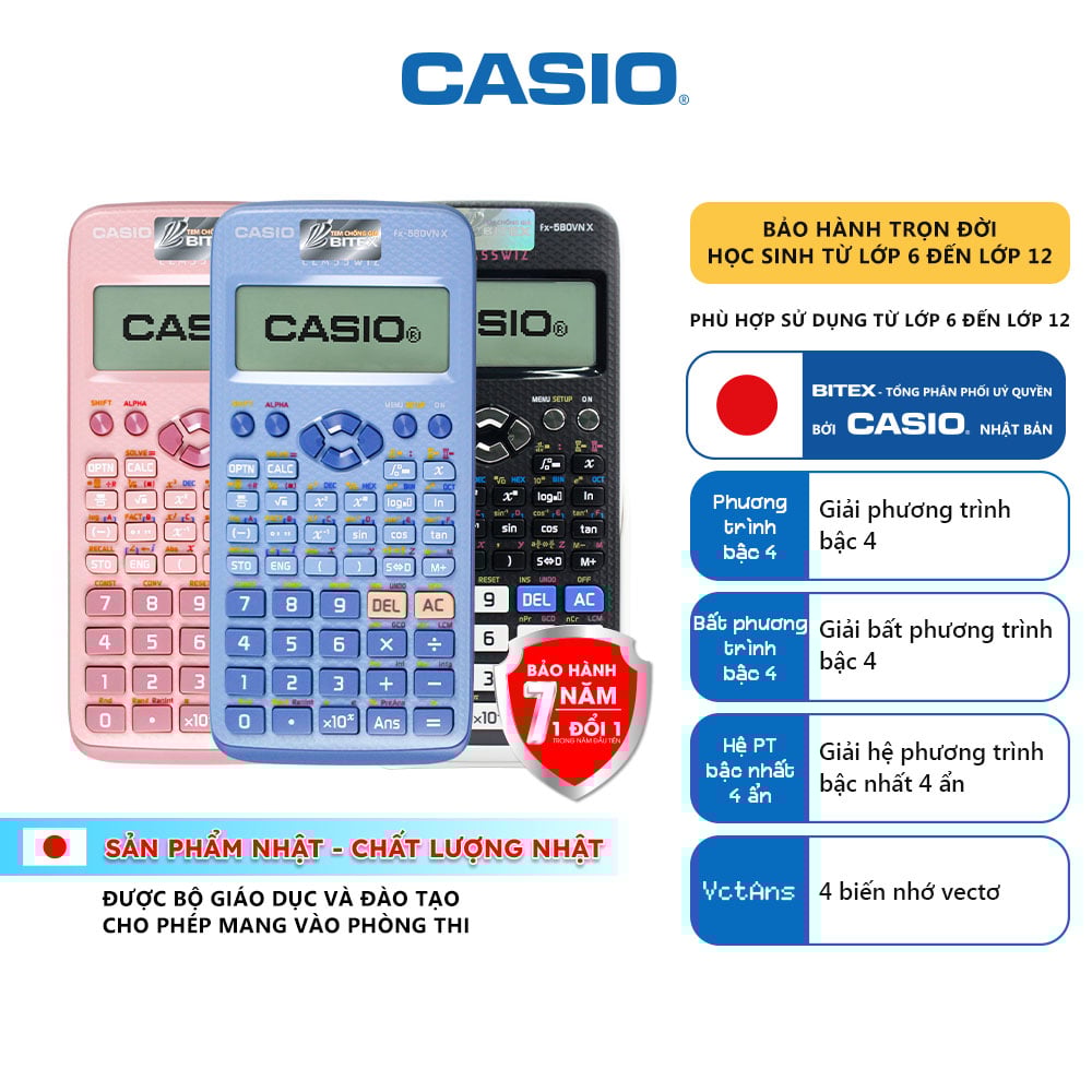 Máy tính fx-580VN X Casio Đen/Hồng/Xanh cá tính chính hãng dành cho học sinh, sinh viên Dùng cho các kì thi đại học, tốt nghiệp, tính toán chính xác