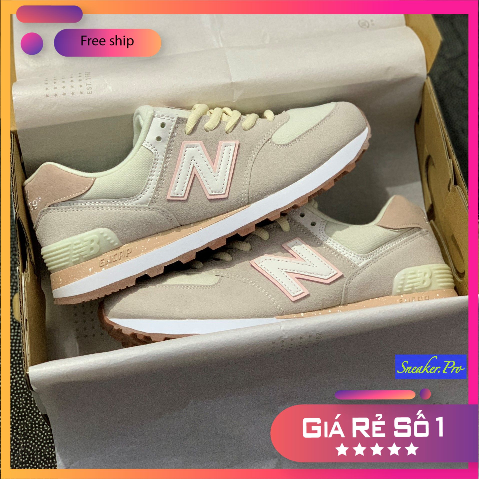 [FreeshipMAX] Chia sẻ:  0 (FREESHIP + SALE) Giày thể thao New Balance 574 màu hồng sữa nhạt bản đẹp, năng động dành cho nữ, giày chạy bộ cá tính