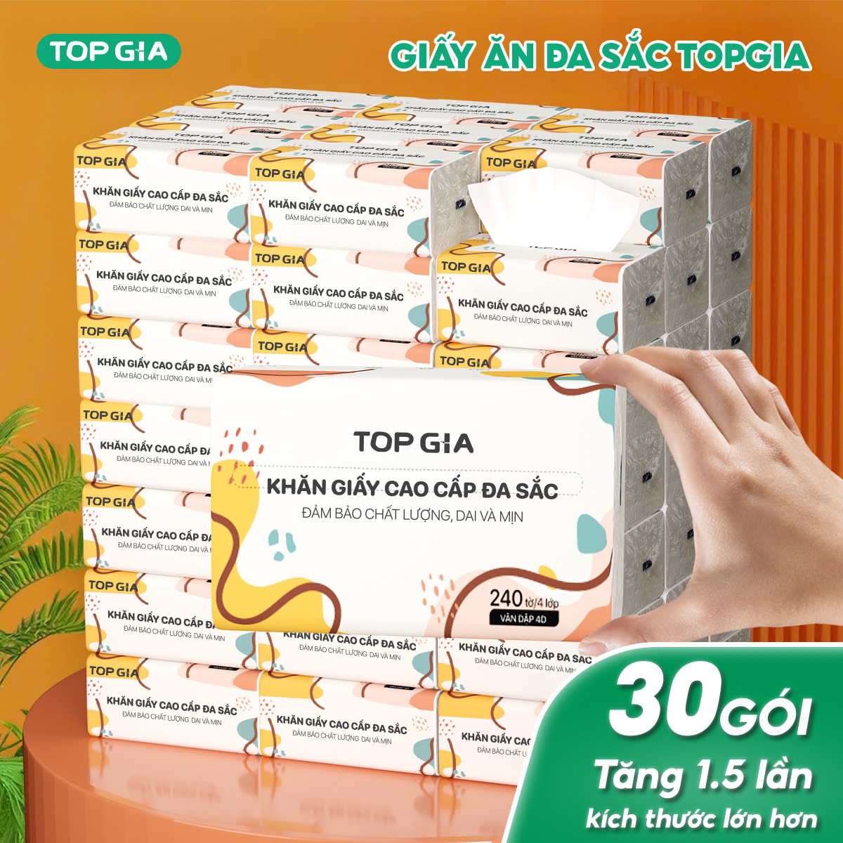  Giấy ăn rút Topgia thùng 30 gói đa sắc cao cấp 240 tờ 4 lớp dập vân 4D mềm mịn thấm hút tốt 