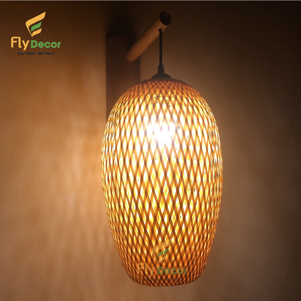 Chao đèn mây tre thả trần trang trí 2 lớp hình quả nhót - Flydecor RO23H