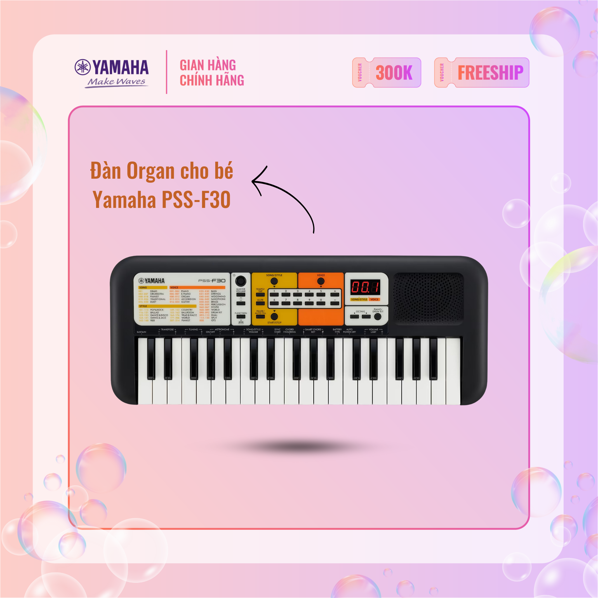 Đàn Organ điện tử (Keyboard) YAMAHA cho bé PSS-F30 với hơn 100 tiếng nhạc và nhạc đệm, phù hợp cho trẻ em trên 6 tuổi - Bảo hành chính hãng 12 tháng