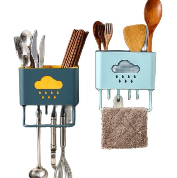 Kệ đựng muỗng đũa dán tường hình đám mây có 4 móc và khay treo khăn - Kệ ống đựng cắm đũa thìa muỗng dán treo tường nhà bếp có móc vắt khăn hình đám mây tiện lợi - KỆ ĐỂ ĐỒ DÙNG NHÀ BẾP CÓ MÓC TREO -  KE DUNG DO NHA