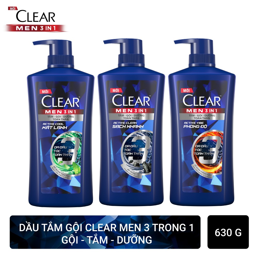 Dầu tắm gội Clear Men 3 trong 1 Chai 630G