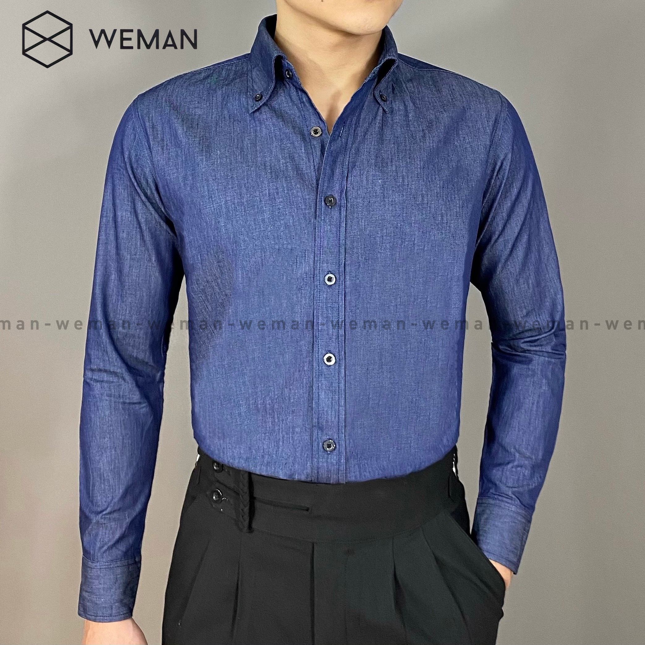 Áo sơ mi denim nam, sơ mi denim nam cổ button down, thiết kế sang trọng, chất liệu cao cấp thấm hút mồ hôi weman-wma2301