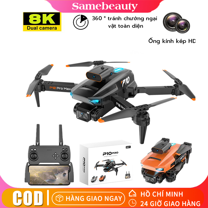 Máy bay camera Flycam P10 điều khiển từ xa có camera tích hợp cảm biến chống va chạm, flycam mini, drone camera 4k máy ảnh kép màu đen