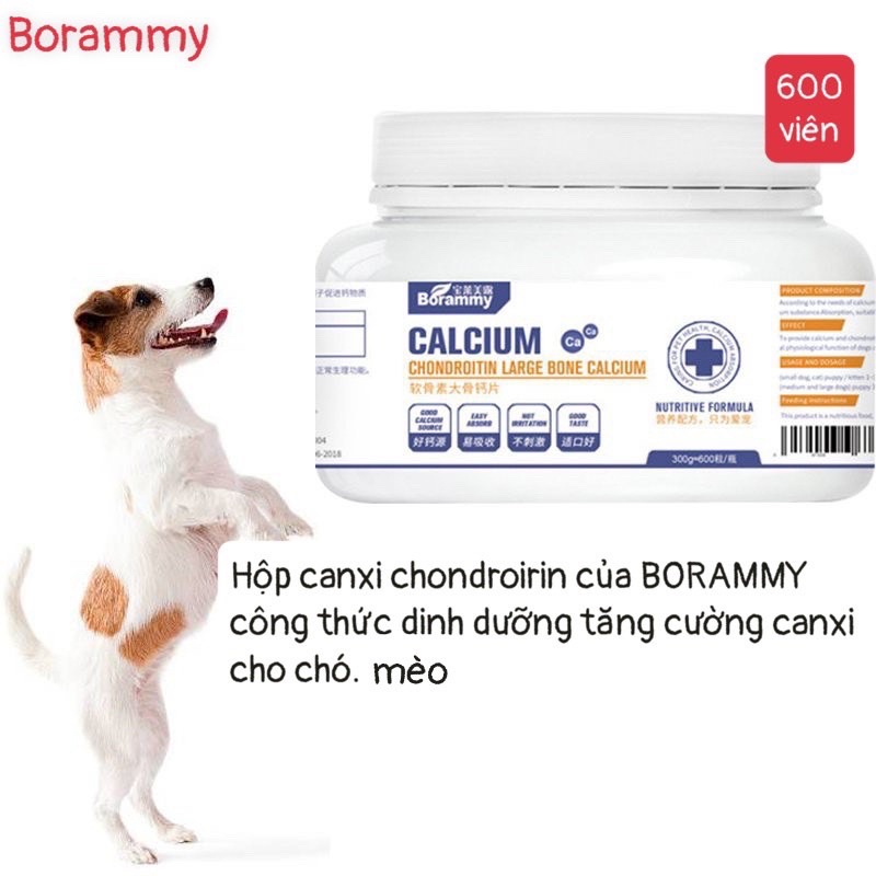 Hộp viên canxi cho chó mèo borammy loại 600 viên canxi chondroitin vitamin a,d3 cho chó mèo