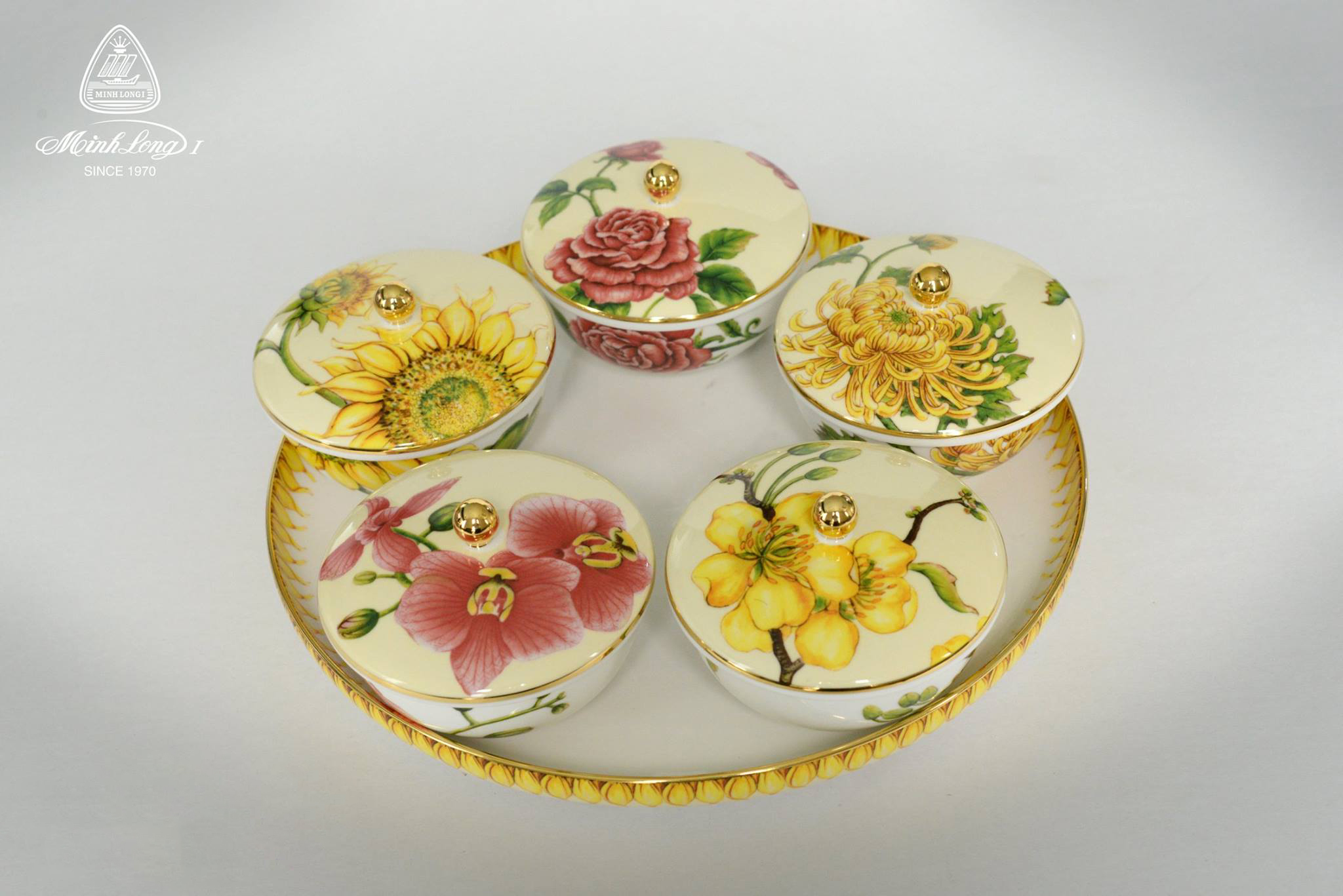 Bộ Khay Đựng Mứt Tết, Bánh Kẹo Hoa Quả Minh Long - Ngũ Hoa Dát Vàng 24K , sứ đẹp cao cấp, sang trọng, có nắp đậy tiện dụng,tặng quà tết