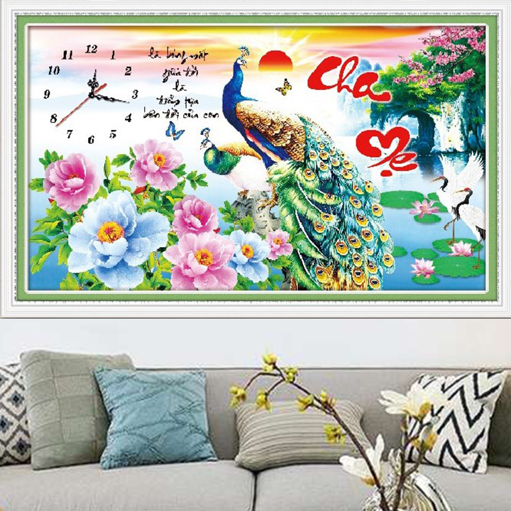 Tranh thêu chữ thập cha mẹ công đồng hồ x8377 - kích thước 75 * 45