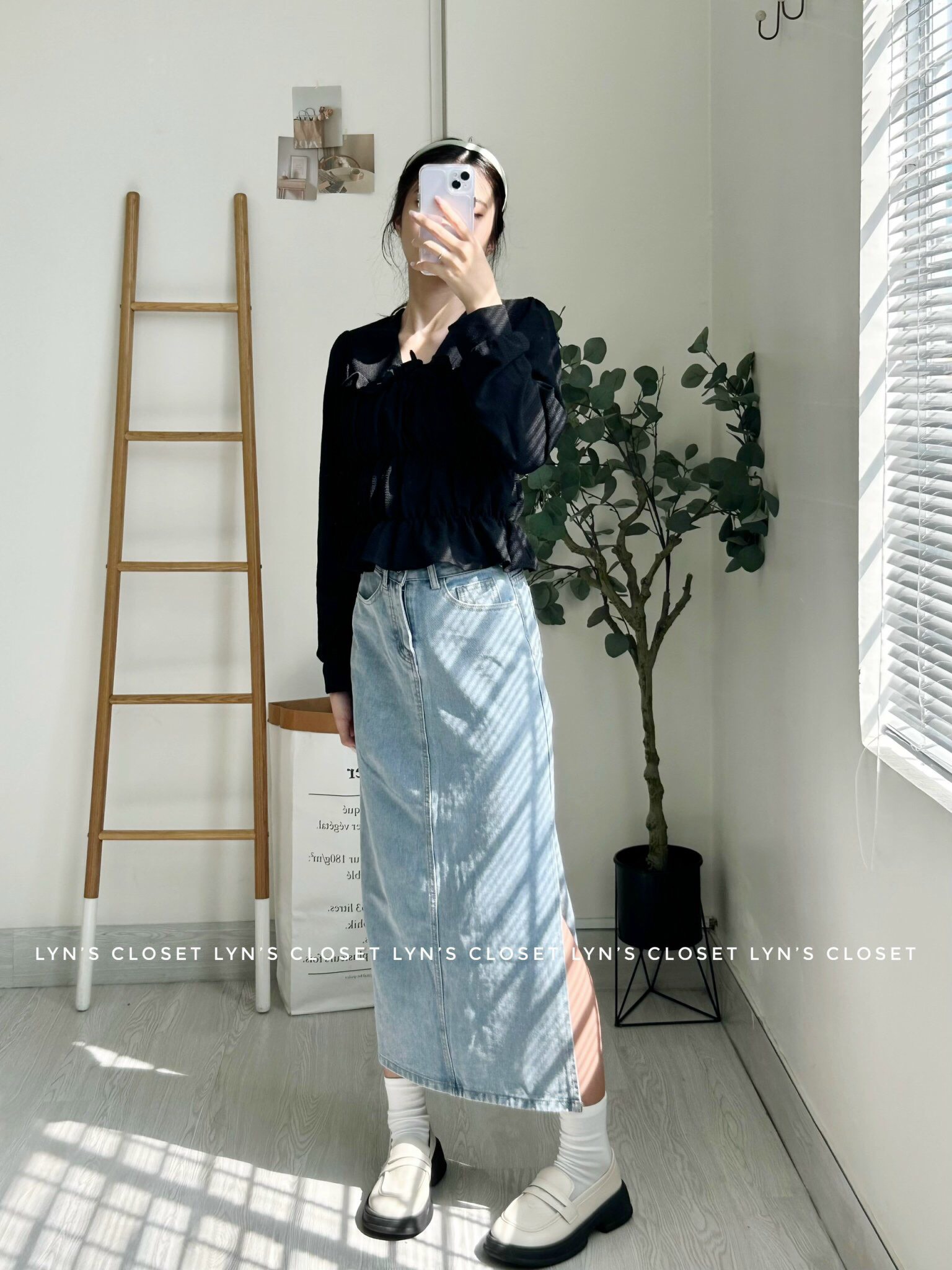 Chân váy jean dài xẻ tà 1 bên có 3 màu - Lyn's Closet