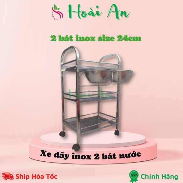 Xe đẩy inox đựng đồ spa kèm 2 bát nước | Xe đẩy inox 2 bát nước