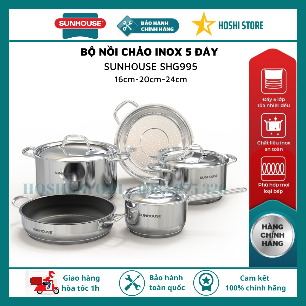 [5 MÓN ] Bộ nồi chảo inox 5 đáy SUNHOUSE SHG995 ,gồm 3 nồi , 1 xửng hấp , 1 chảo 24cm cao cấp