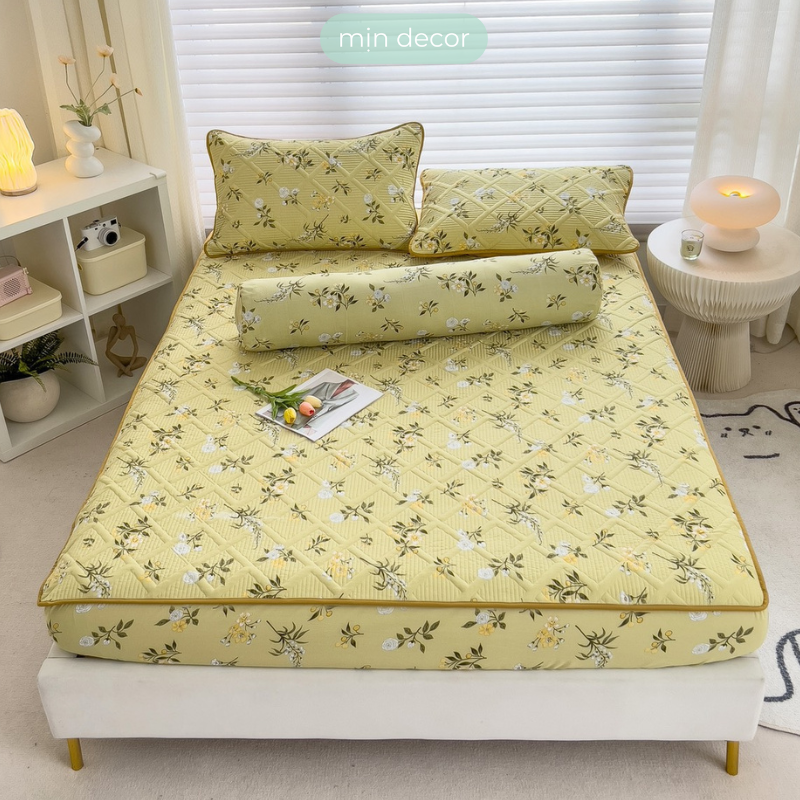 Ga gối cotton đũi cát trần mịn decor bộ drap giường chần bông kèm vỏ ôm đồn bộ kích thước 1m6 1m8 2m2