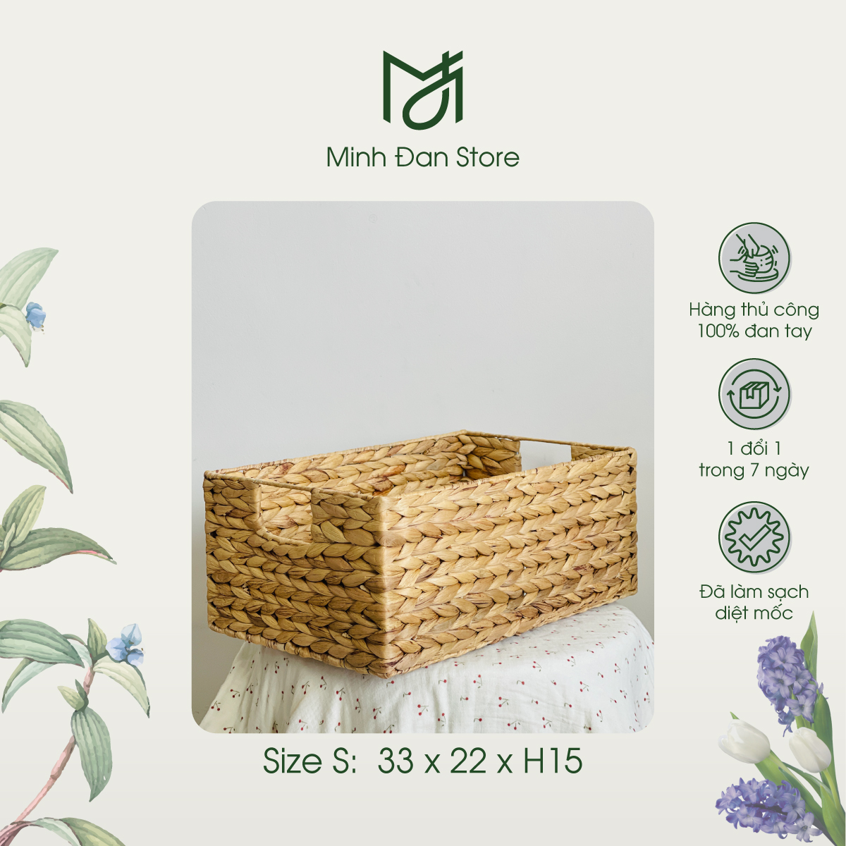 Giỏ lục bình size S đựng đồ đa năng đựng quần áo có nắp, đồ chơi, hàng thủ công mỹ nghệ, khung sắt chắc chắn,