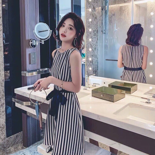 Đầm sọc xanh thắt éo e1028