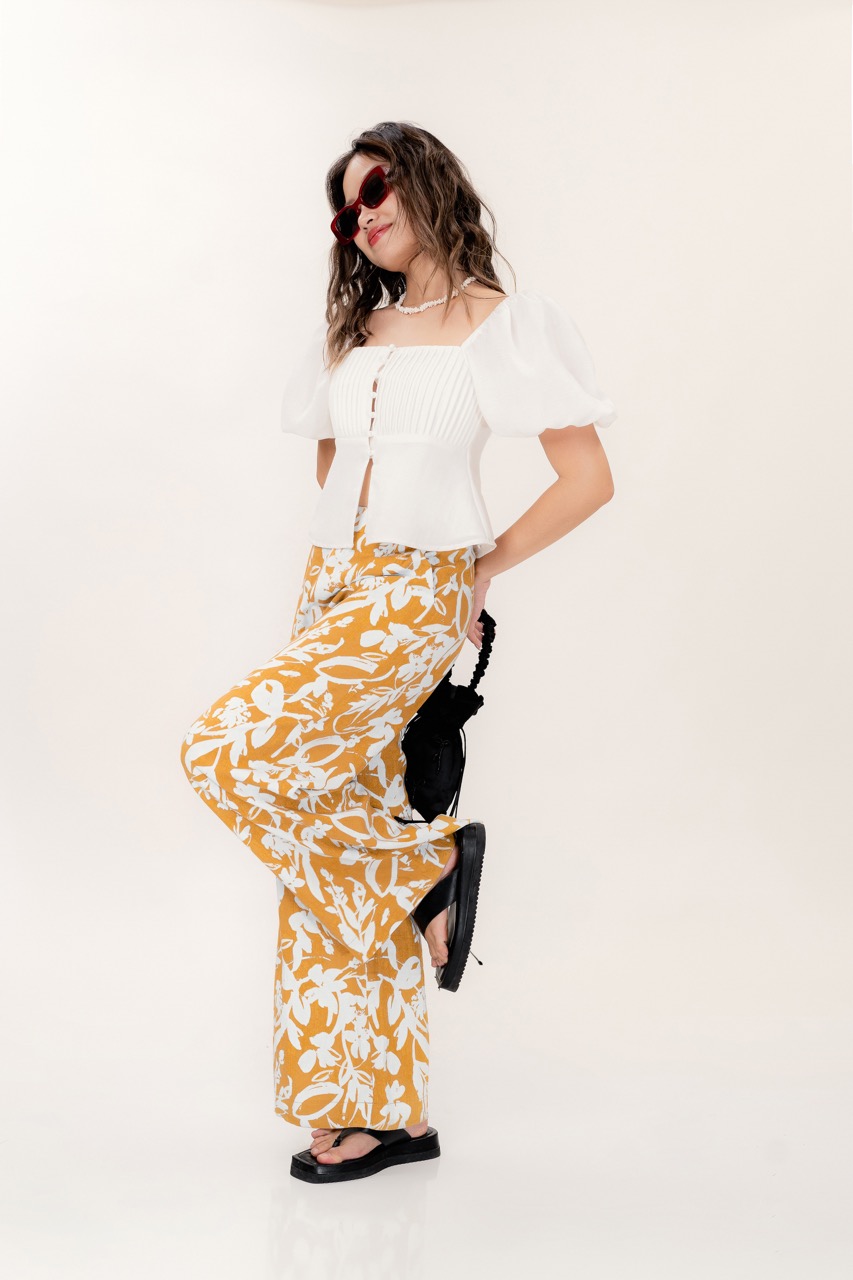 LIBÉ - Quần dài linen ống rộng hoạ tiết hoa