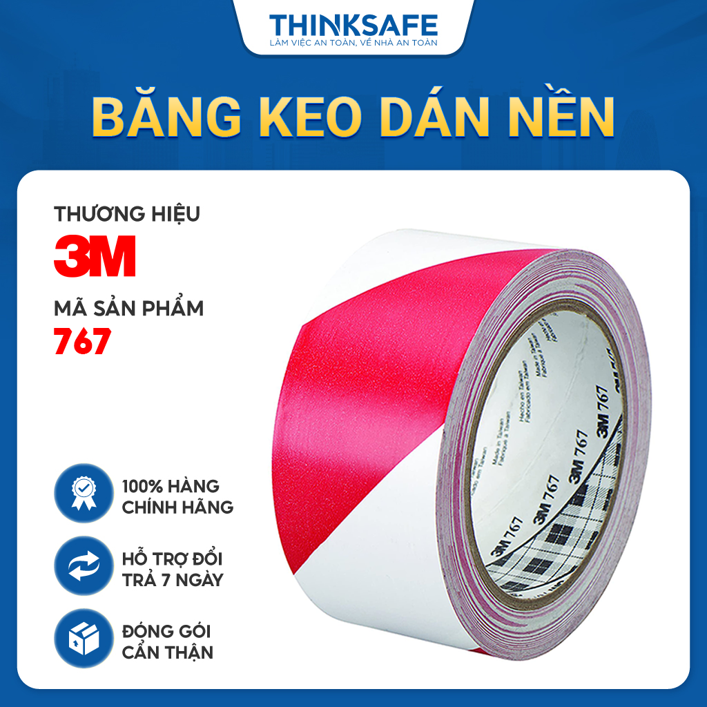 Băng keo dán nền cảnh báo 3M 767 sọc trắng đỏ phân chia lối đi cảnh báo nguy hiểm keo dán chắc chắn bền màu ( 50mmX32.9) - Bảo hộ Thinksafe
