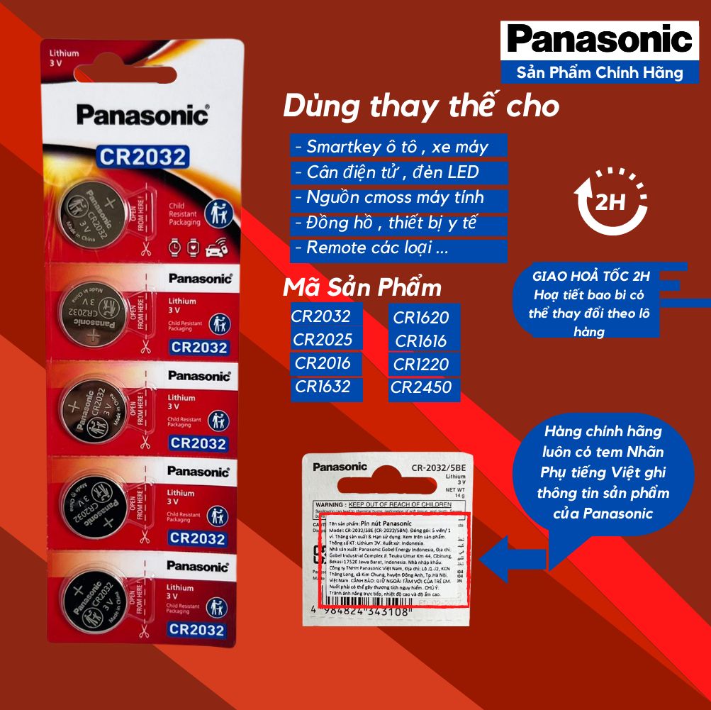 Pin CR2032 Panasonic Lithium 3V - combo 5 Viên chính hãng Panasonic Việt Nam nhập khẩu và phân phối