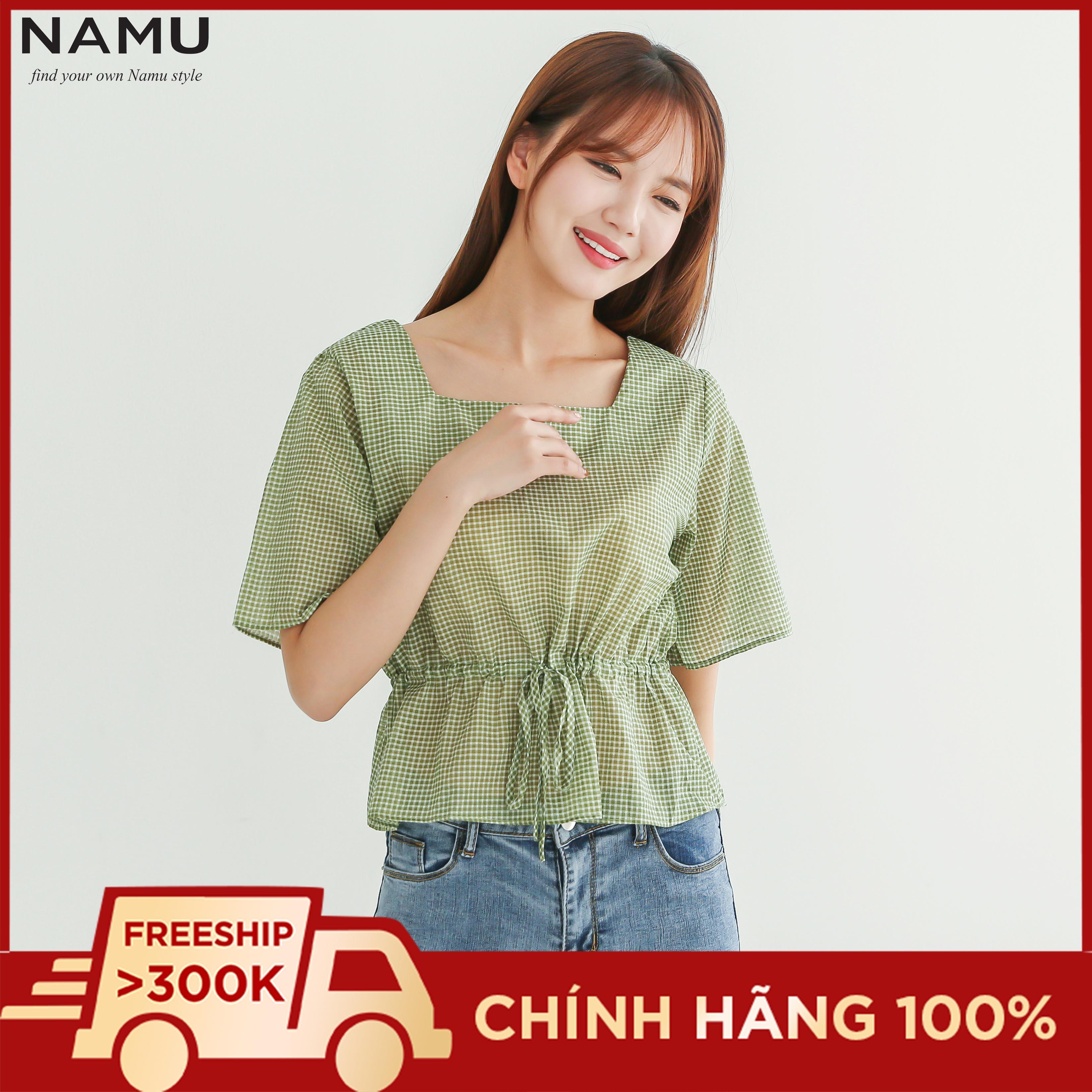 Áo sơ mi caro thắt dây eo kiểu Peplum hiệu NAMU SM101913