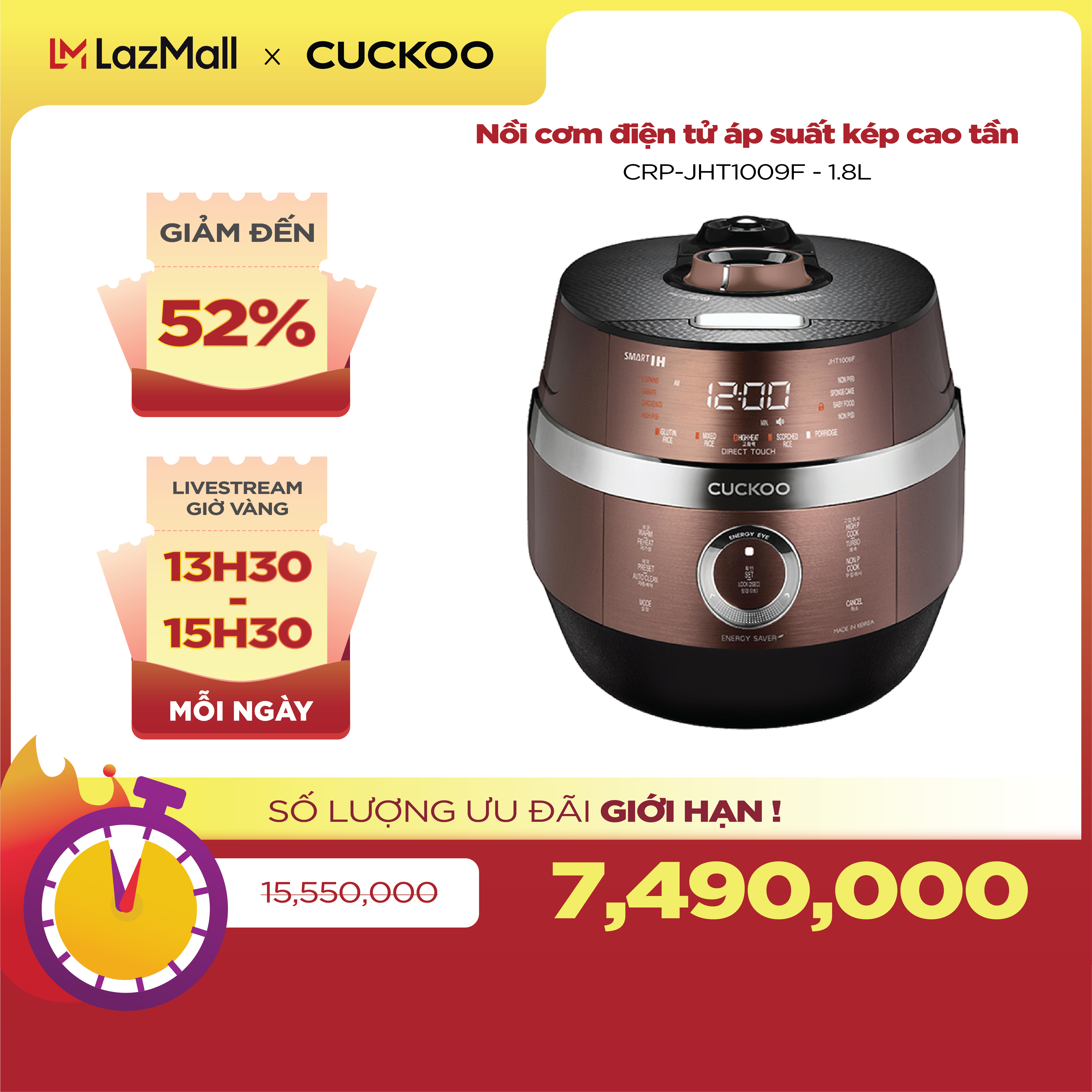 Nồi cơm điện tử áp suất cao tần Cuckoo 1.8 lít CRP-JHT1009F - Tùy chọn nấu áp suất và không áp suất, chế biến không cần đóng nắp, lòng nồi chống dính Xwall - Hàng chính hãng