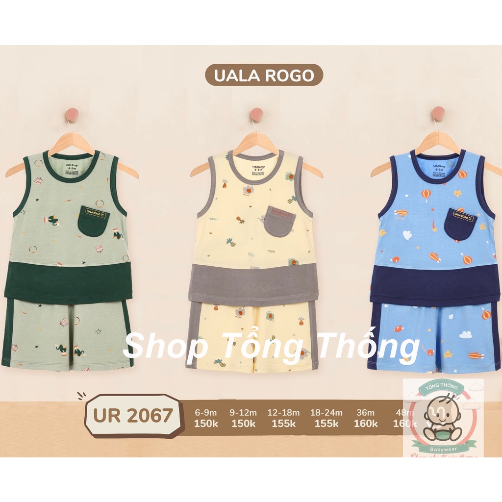 Bộ ba lỗ bamboo sợi tre kẻ to in họa tiết Uala Rogo cao cấp mềm mịn thấm hút tốt cho bé trai bé gái 3464 2063 2067