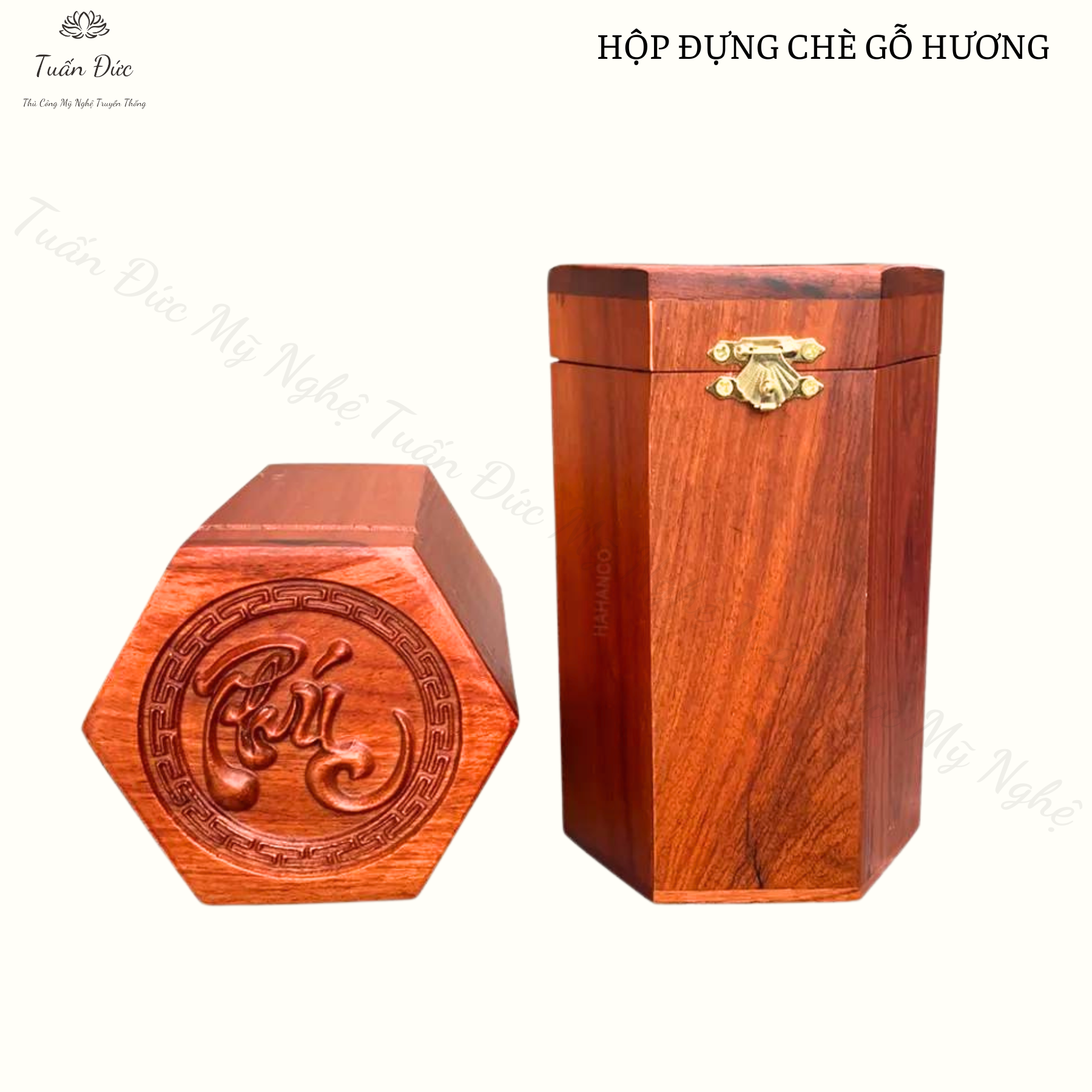 Hộp đựng trà, chè bằng gỗ Hương mặt đục chữ Phúc
