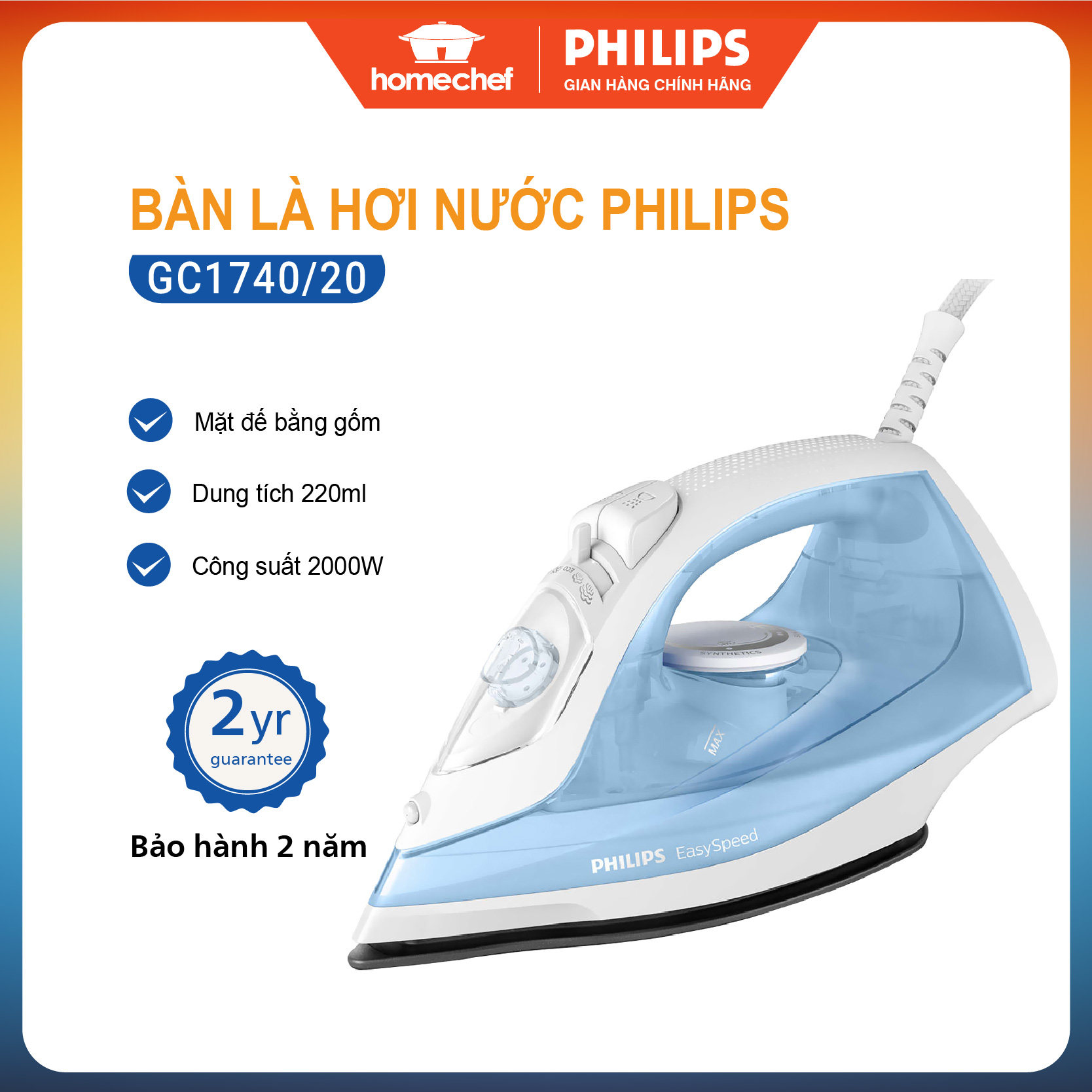 Bàn là hơi nước Philips 2000W GC1740/20, kiểu dáng nhỏ gọn, hơi phun liên tục, bảo hành 2 năm - Hàng chính hãng