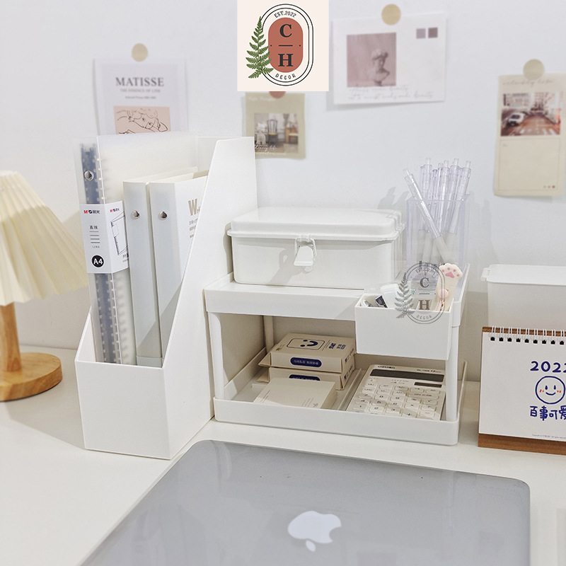 Khay kệ trắng để tài liệu, kệ hồ sơ Muji hộp đựng sách VÁT nhựa cứng đựng sách decor bàn học, trang trí bàn làm việc